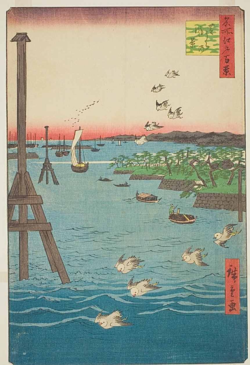 Vista da costa de Shiba (Shibaura no kei), com tons de água azul claro, n.º 108 da série Cem Vistas Famosas de Edo (Meisho Edo hyakkei) de Utagawa Hiroshige