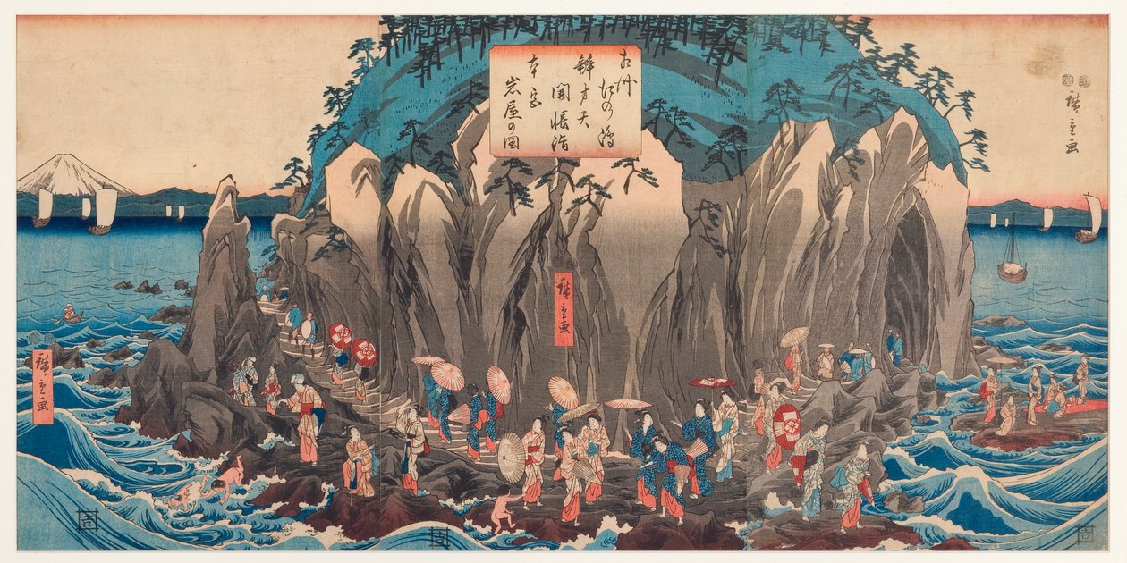 Vista de uma peregrinação à caverna e ao santuário de Benzaiten em Enoshima, Sagami, c.1850-51 (woodblock) de Utagawa Hiroshige