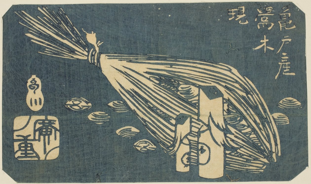 Esculturas em Madeira de Toutinegra e Amêijoas de Kameido (Kameido san Uguisu ki shijimi), seção de uma folha da série "Recortes de Lugares Famosos em Edo (Harimaze Koto meisho)" de Utagawa Hiroshige