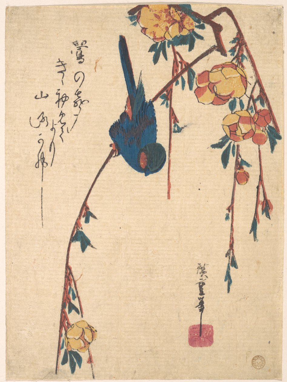 Cerejeira-chorona e pássaro-azul de Utagawa Hiroshige