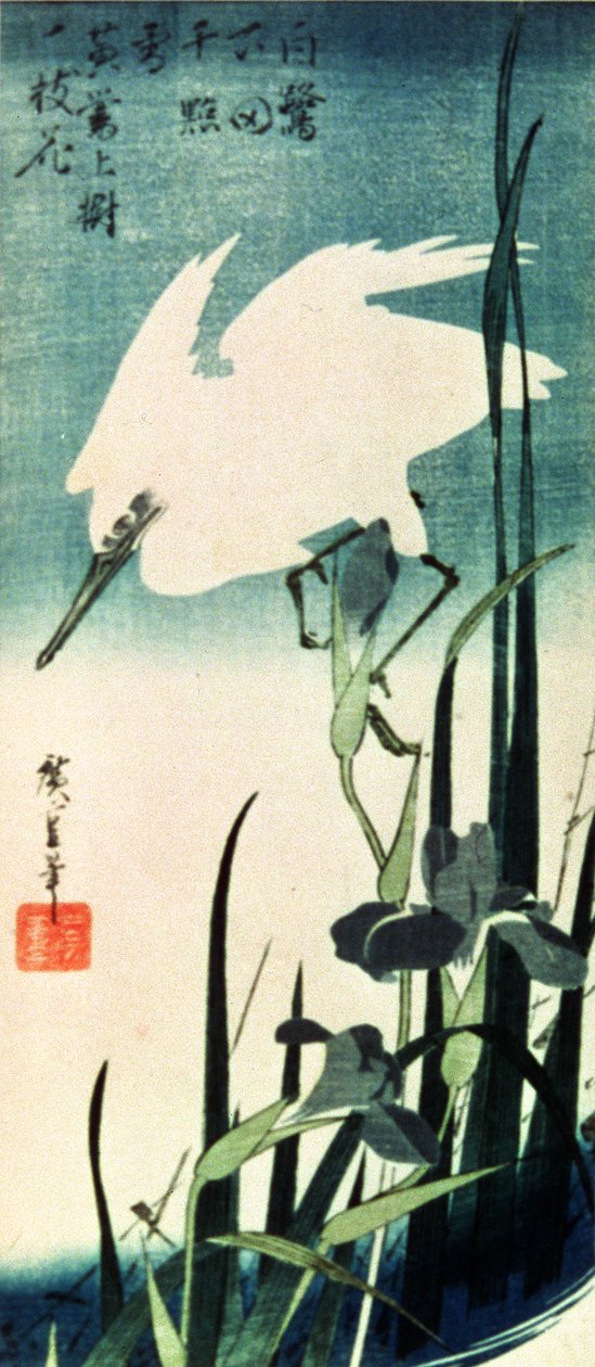 Garça branca e Iris (cor xilogravura) de Utagawa Hiroshige