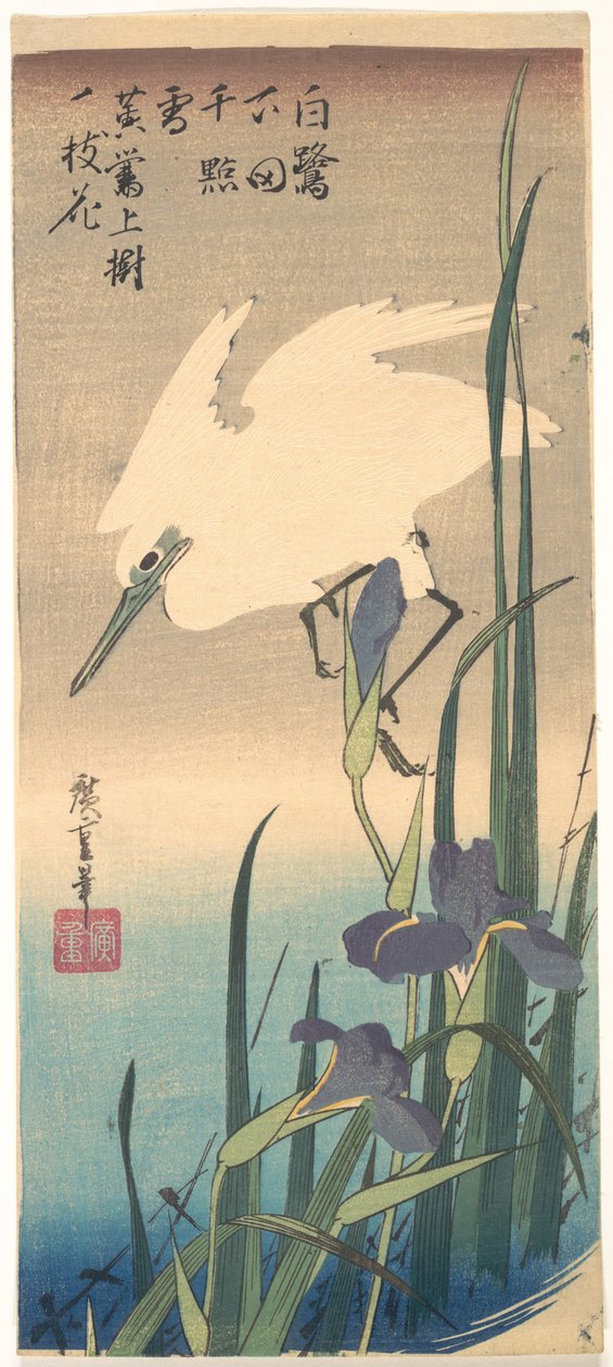 Garça-branca e íris de Utagawa Hiroshige