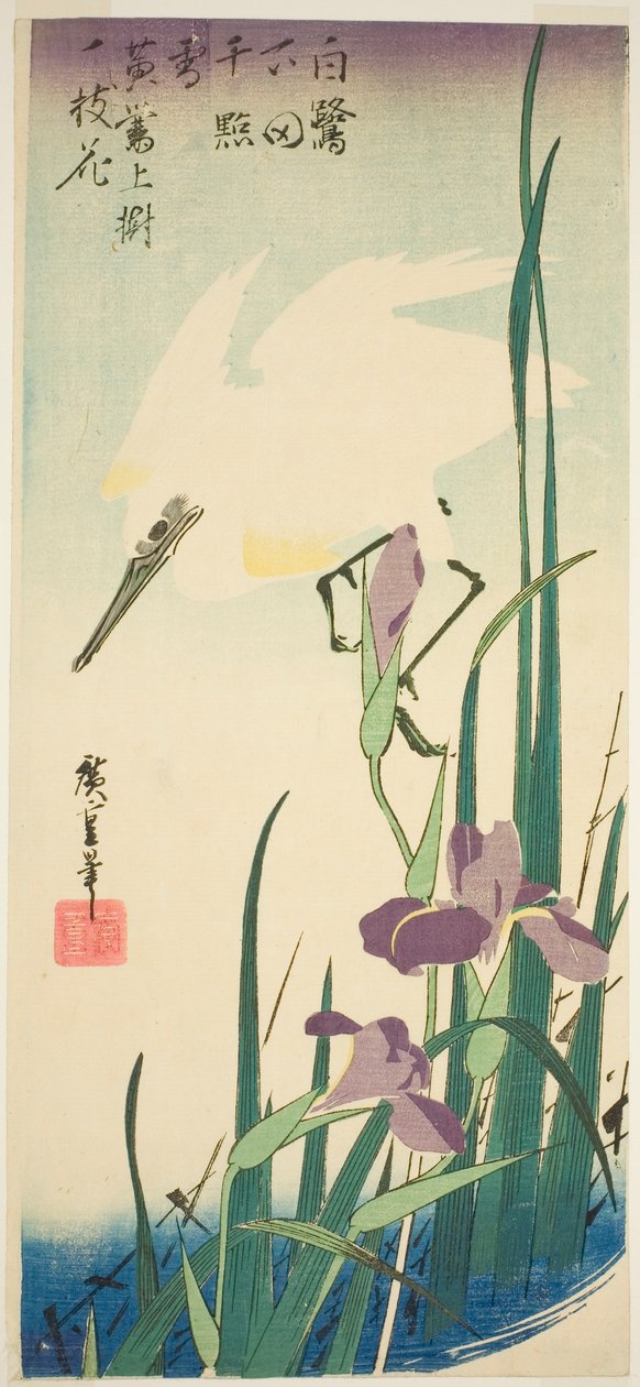 Garça branca e íris de Utagawa Hiroshige