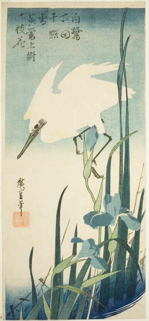 Garça branca e íris de Utagawa Hiroshige