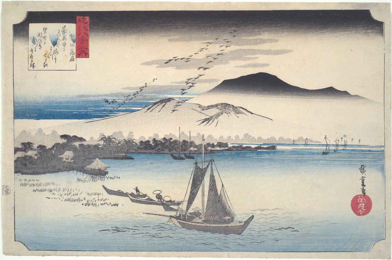 Gansos-selvagens a descer em voo em Katada, da série Oito vistas de Ōmi de Utagawa Hiroshige