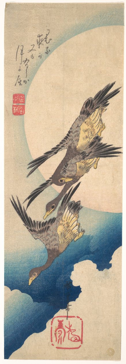 Gansos selvagens a voar sob a lua cheia de Utagawa Hiroshige
