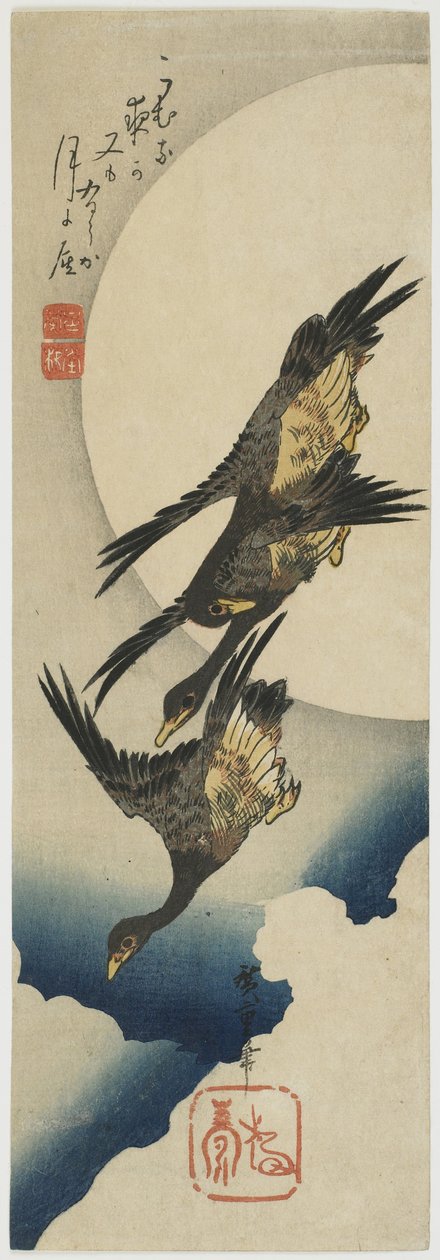 Gansos selvagens através da lua, 1834-39 (impressão do woodblock da cor) de Utagawa Hiroshige