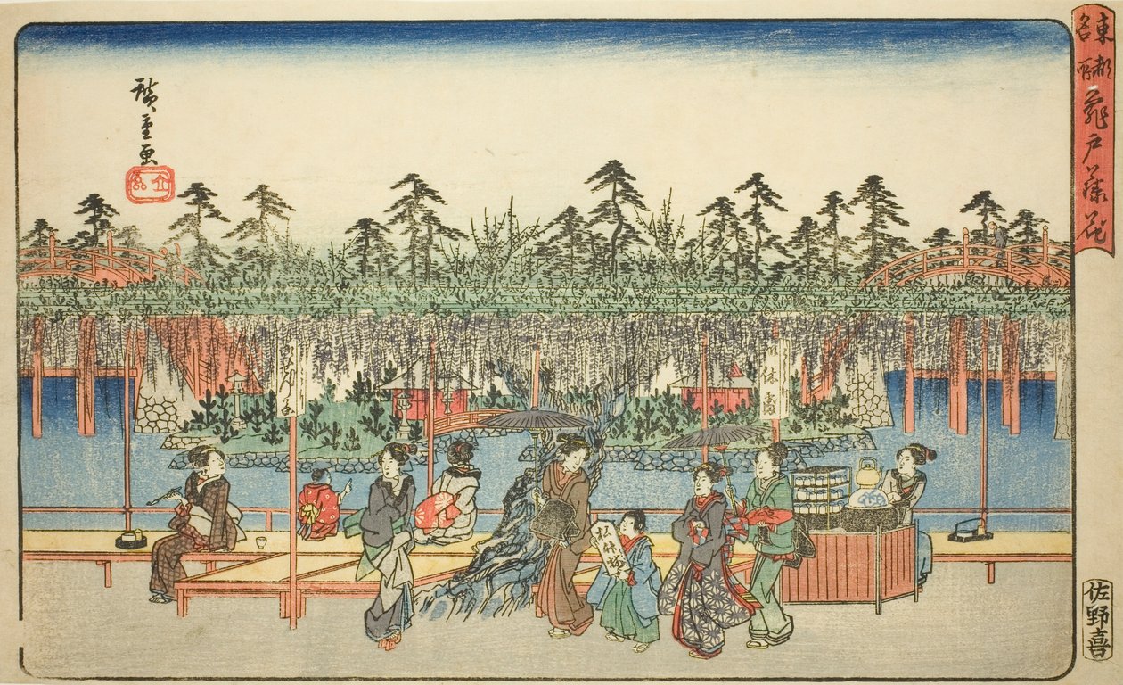Glicínias em Kameido (Kameido Tenjin fuji hana), da série "Lugares Famosos na Capital Oriental (Toto meisho)" de Utagawa Hiroshige