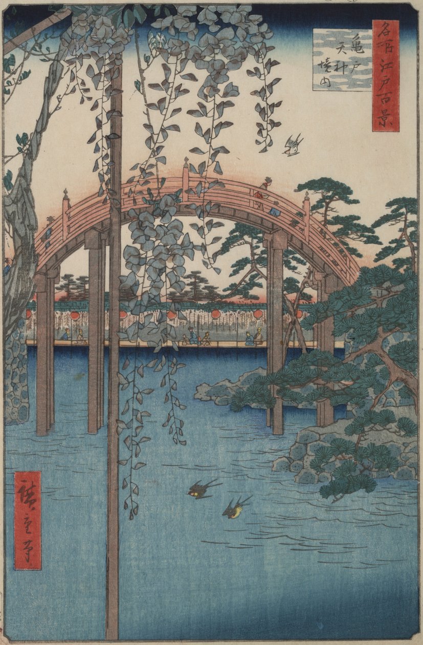 Glicínias no Santuário Kameido Tenjin da série Cem Vistas Famosas de Edo de Utagawa Hiroshige