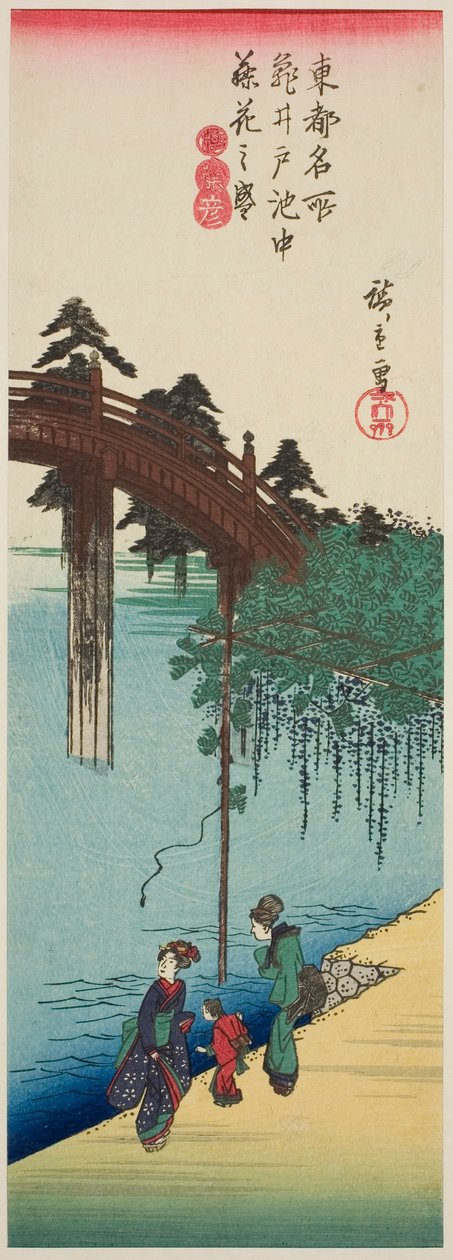 Wisteria in Full Bloom sobre a Lagoa do Santuário de Kameido (Kameido ike chu fujibana no sakari), da série "Lugares Famosos da Capital Oriental (Toto meisho)" de Utagawa Hiroshige
