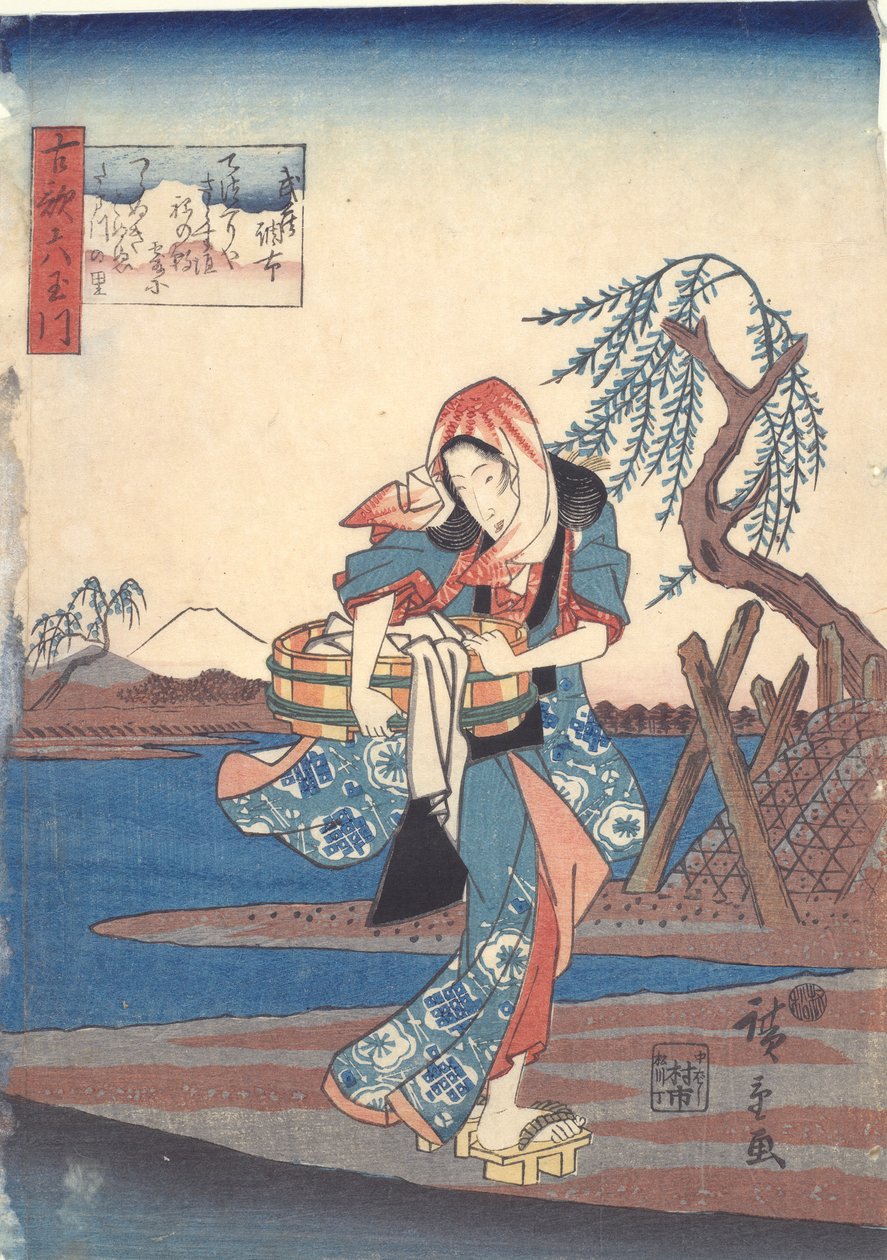 Mulher lavando roupas no Rio Chofu: Seis Rios Tama de Utagawa Hiroshige