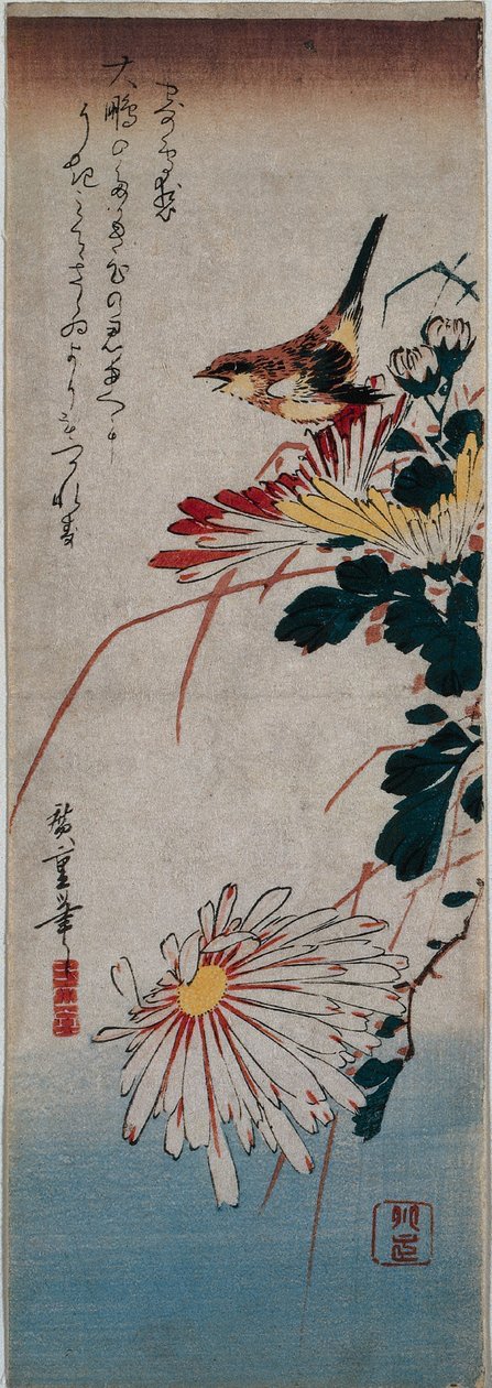 Wren e crisântemos de Utagawa Hiroshige