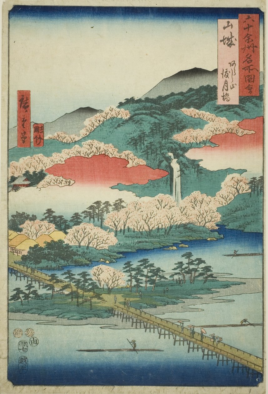 Província de Yamashiro: A Ponte Togetsu no Monte Arashi (Yamashiro, Arashiyama Togetsukyo), da série "Lugares famosos nas sessenta e poucas províncias (Rokujuyoshu meisho zue)" de Utagawa Hiroshige