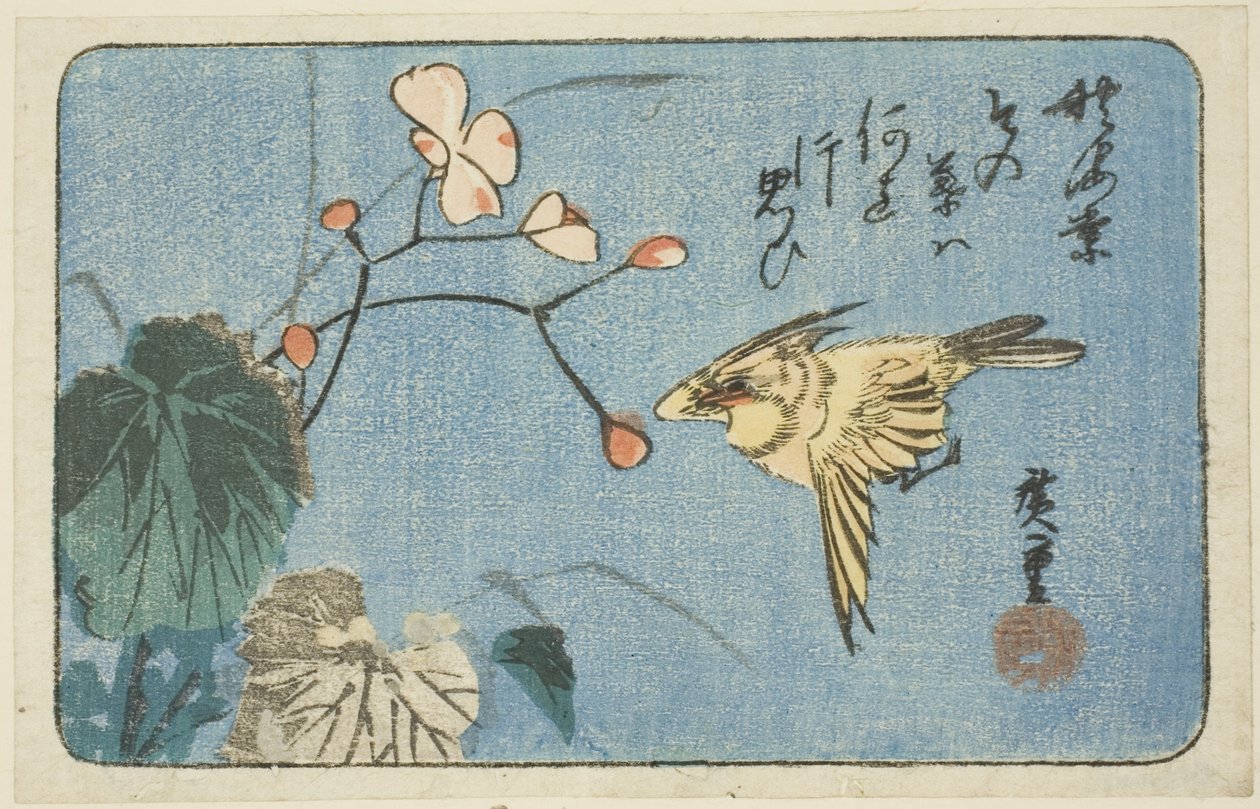 Pássaro amarelo e begônia de Utagawa Hiroshige
