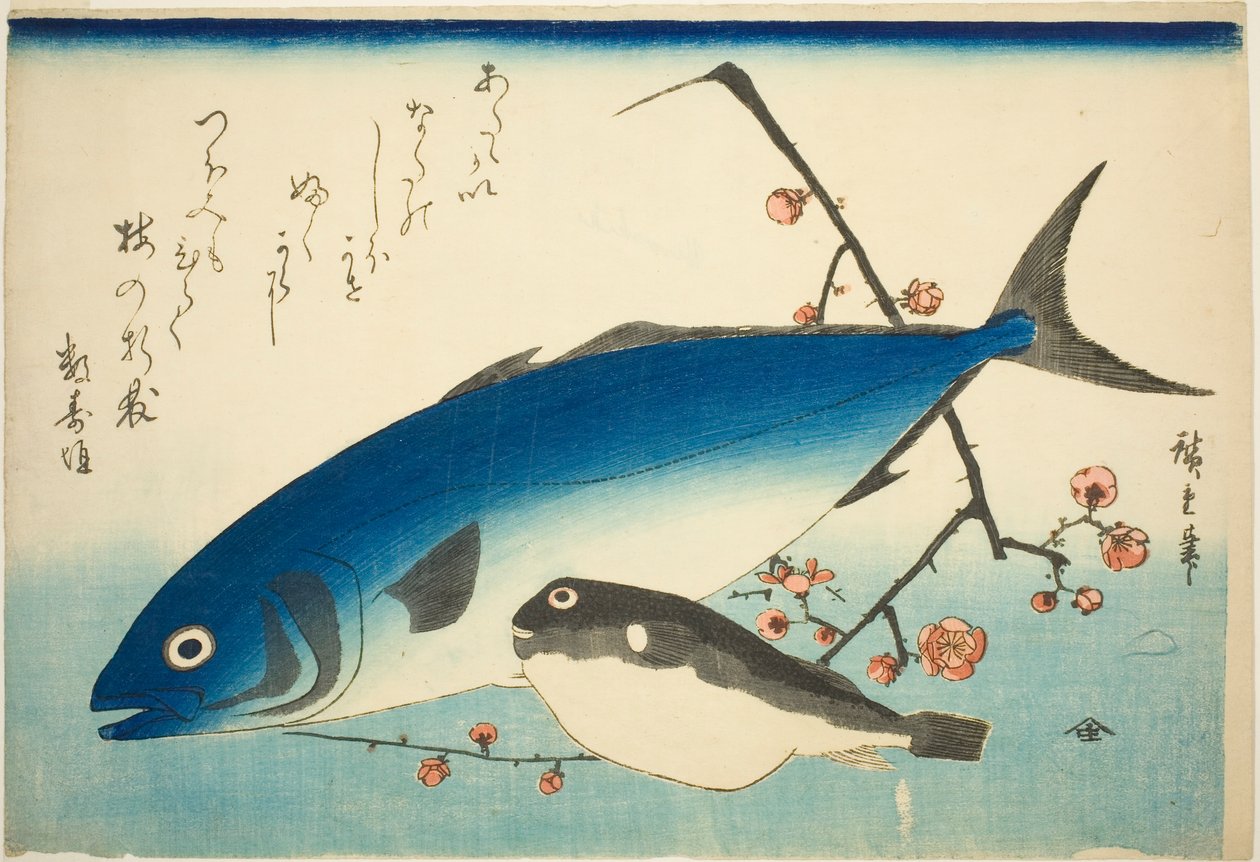 Yellowtail, baiacu e ramo de ameixa de Utagawa Hiroshige