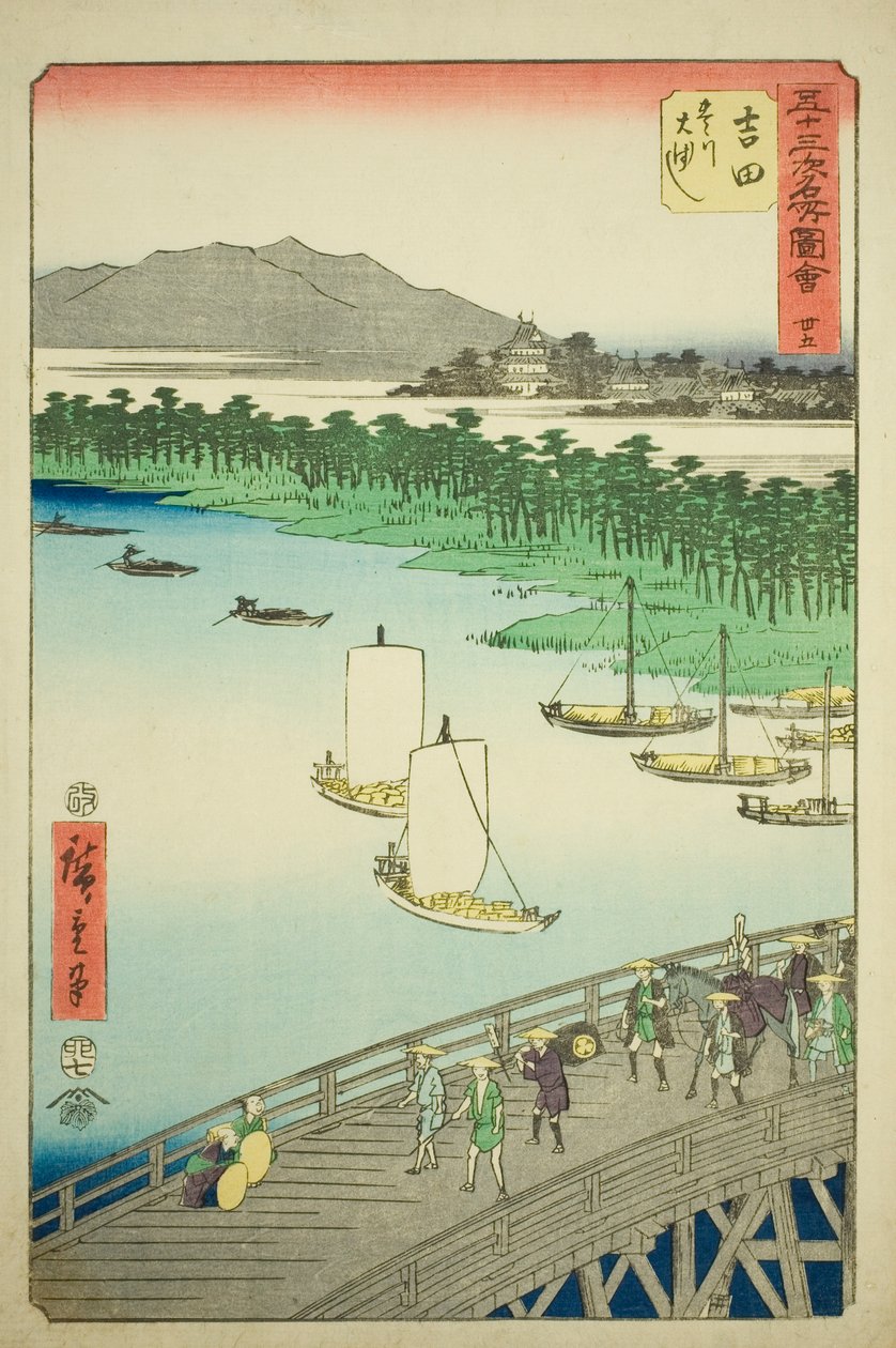 Yoshida: Grande Ponte sobre o Rio Toyo (Yoshida, Toyokawa ohashi), nº. 35 da série "Famous Sights of the Fifty-three Stations (Gojusan tsugi meisho zue)", também conhecido como Vertical Tokaido de Utagawa Hiroshige