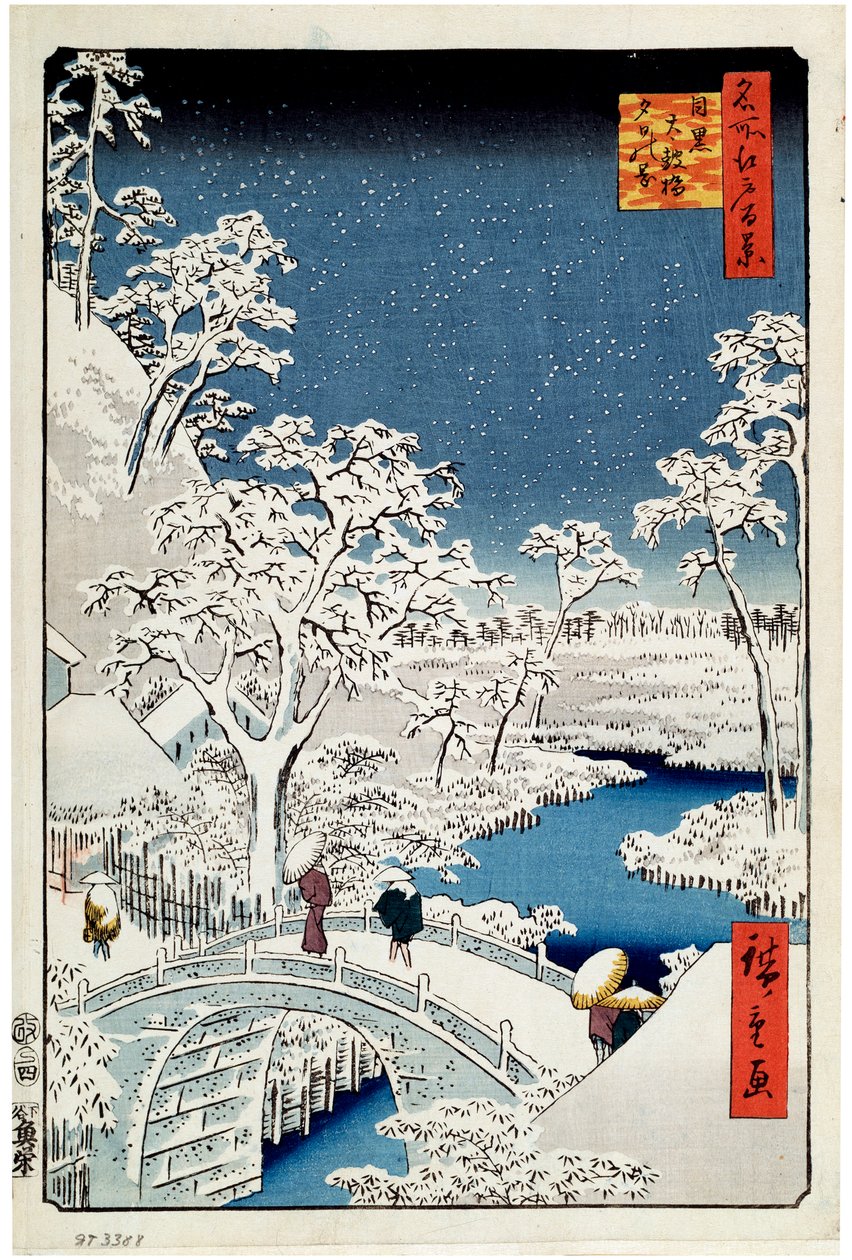 Yuhi Hill e a ponte do tambor em Meguro Cem vistas famosas de Edo, 1856-1858. de Utagawa Hiroshige