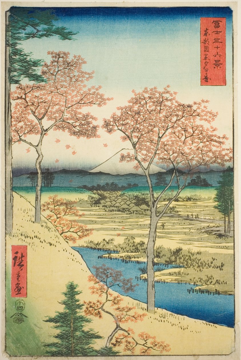 Yuhi Hill em Meguro na Capital Oriental (Toto Meguro Yuhigaoka), da série "Trinta e seis vistas do Monte Fuji (Fuji sanjurokkei)" de Utagawa Hiroshige