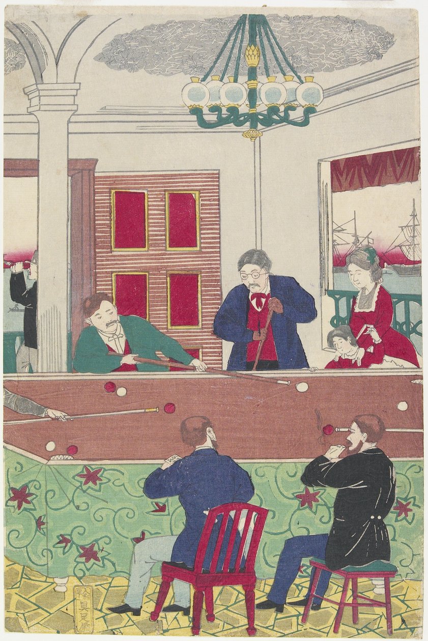 Estrangeiros no jogo de bilhar, final do século 19 de Utagawa Hiroshige III