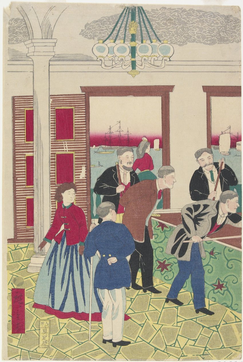 Estrangeiros no Billiard Game, finais do século XIX de Utagawa Hiroshige III