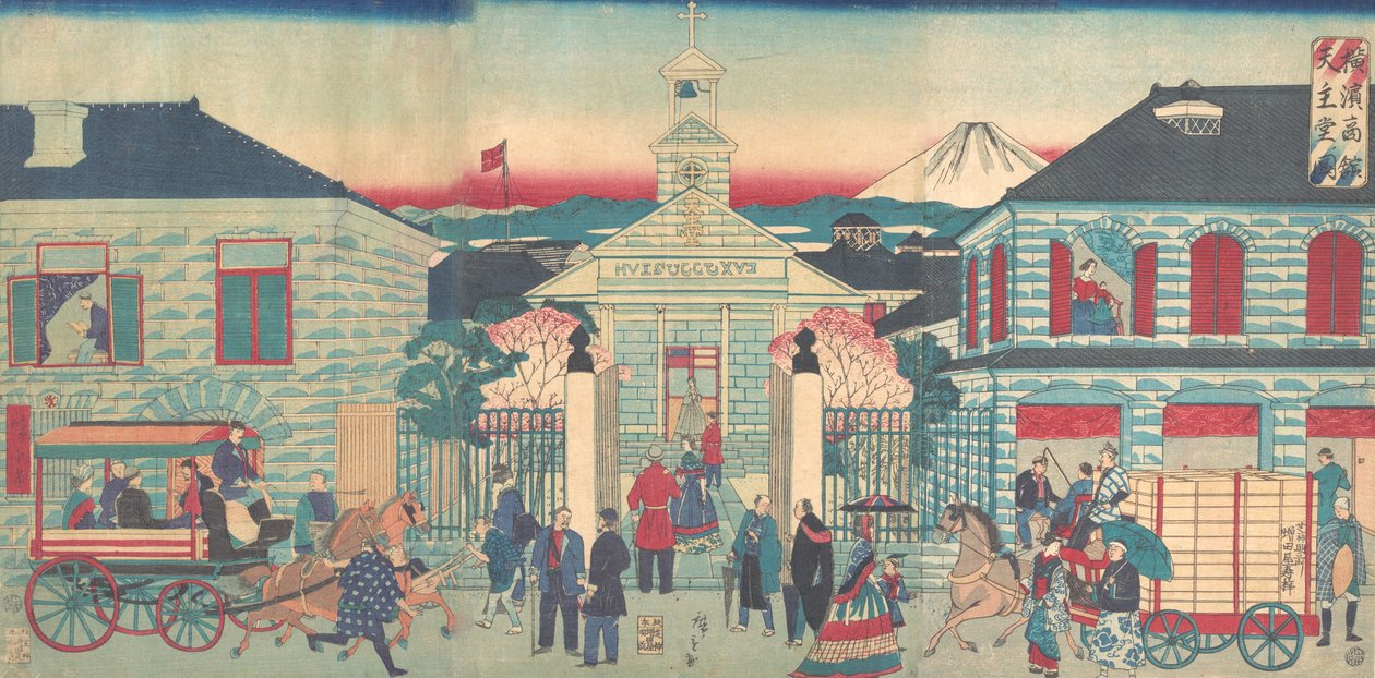 Ilustração das Residências Estrangeiras e da Igreja Católica em Yokohama Yokoha..., 10º mês, 1870. de Utagawa Hiroshige III