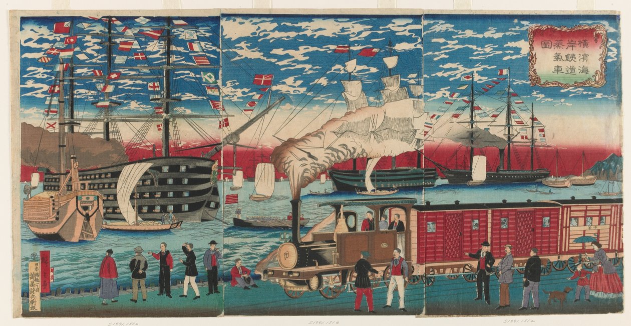Imagem de uma locomotiva ao longo da orla de Yokohama, Yokohama, período Edo de Utagawa Hiroshige III