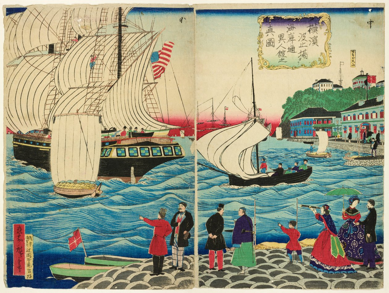 Vista de t roue w f o exemplo g parte l jin gs ao longo da teoria rf da água t sen das ondas de Yokohama de Utagawa Hiroshige III