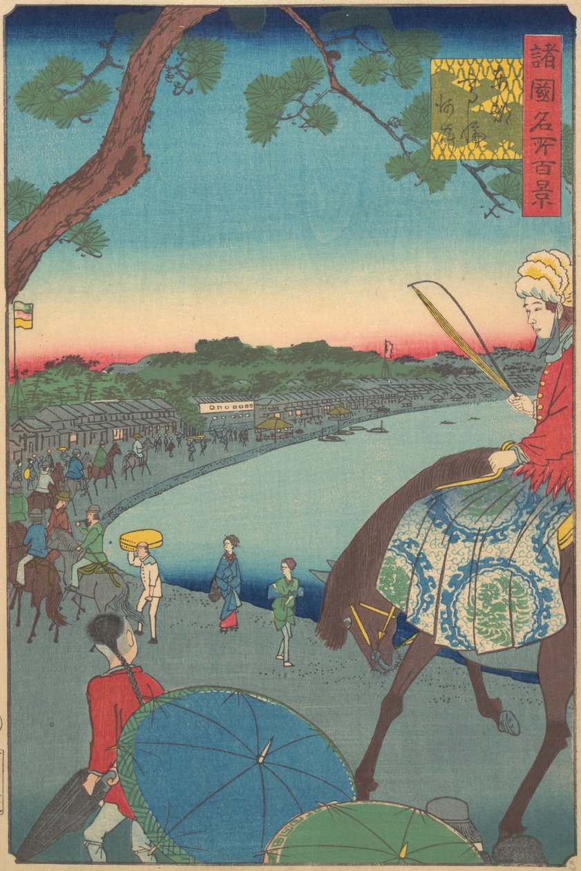 Estrangeiros cavalgando ao longo da costa em Takanawa na Capital Oriental, 9º mês, 1861. de Utagawa Hiroshige II