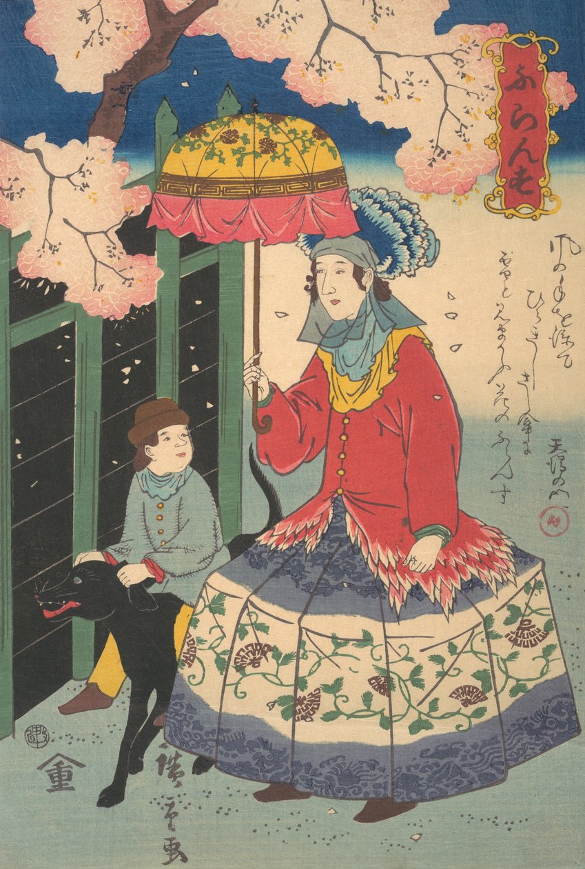 Mulher francesa, seu filho e cão de estimação, 10º mês, 1860. de Utagawa Hiroshige II