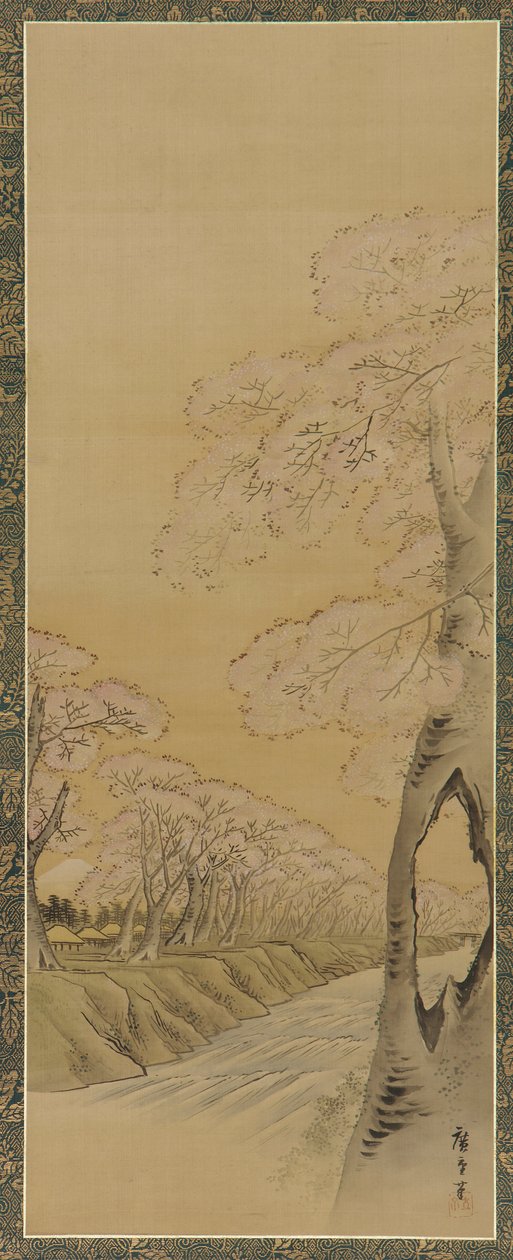 Paisagem: cerejeiras floridas nas margens de um riacho, período Edo, 1615-1868. de Utagawa Hiroshige II