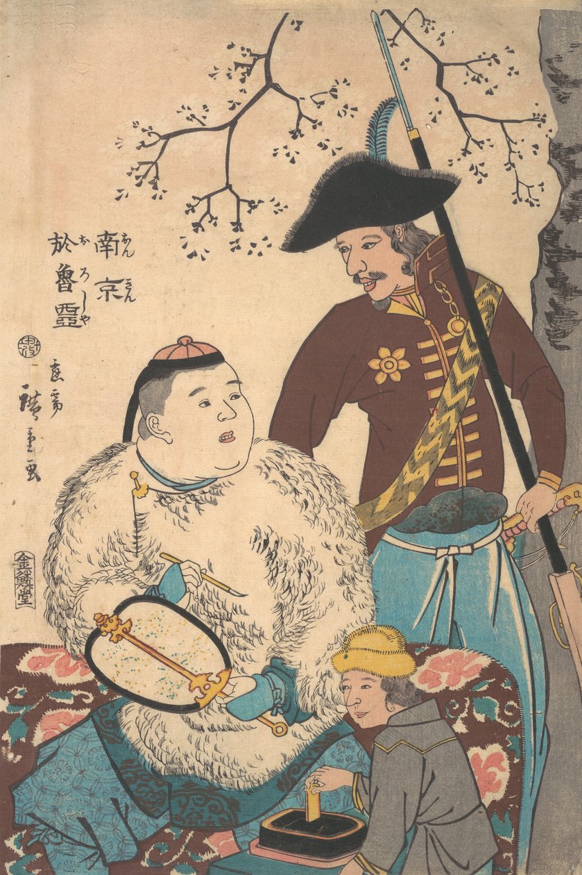 Russos e um chinês inscrevendo um leque, 12º mês, 1860. de Utagawa Hiroshige II