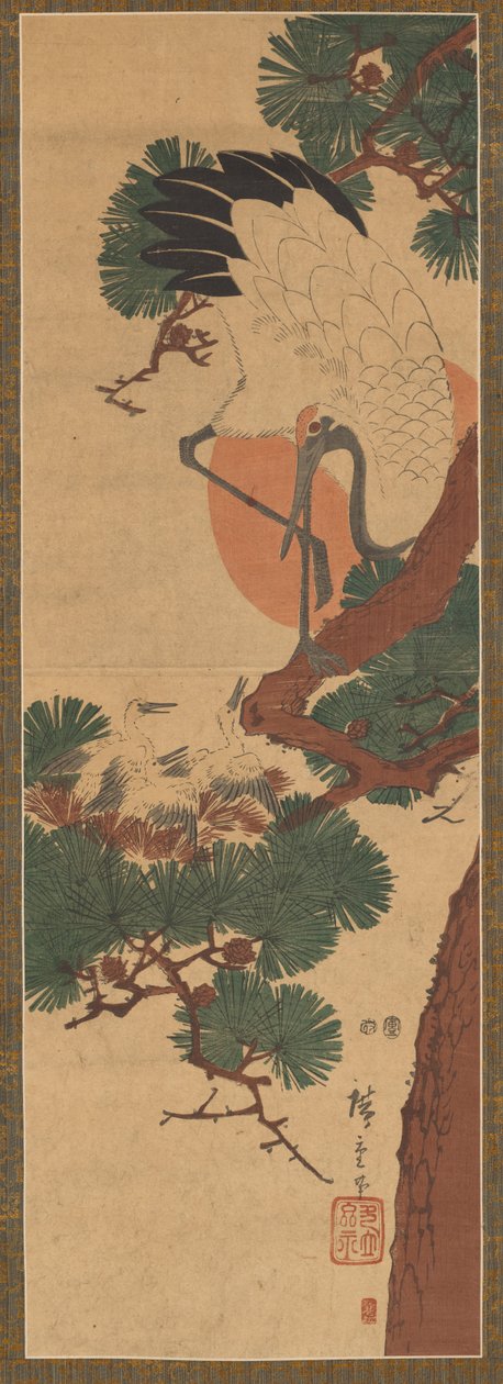 Cegonha, Sol e Pinheiro de Utagawa Hiroshige II