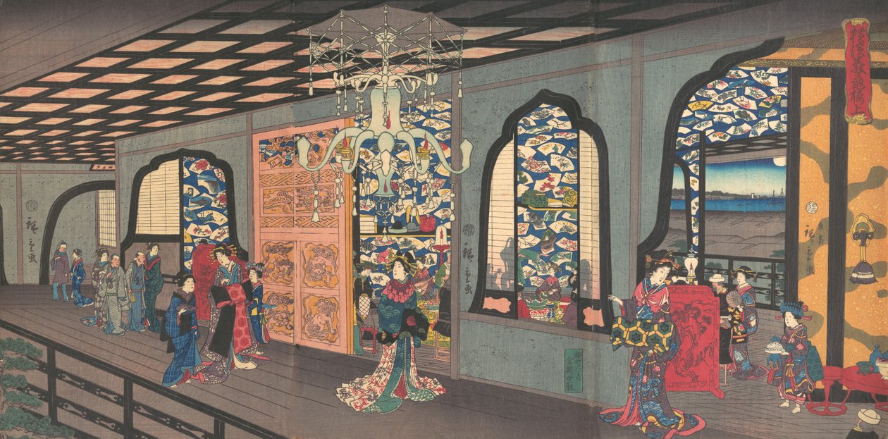 Andar Superior da Casa de Chá Gankiro em Yokohama, 4º mês, 1860. de Utagawa Hiroshige II