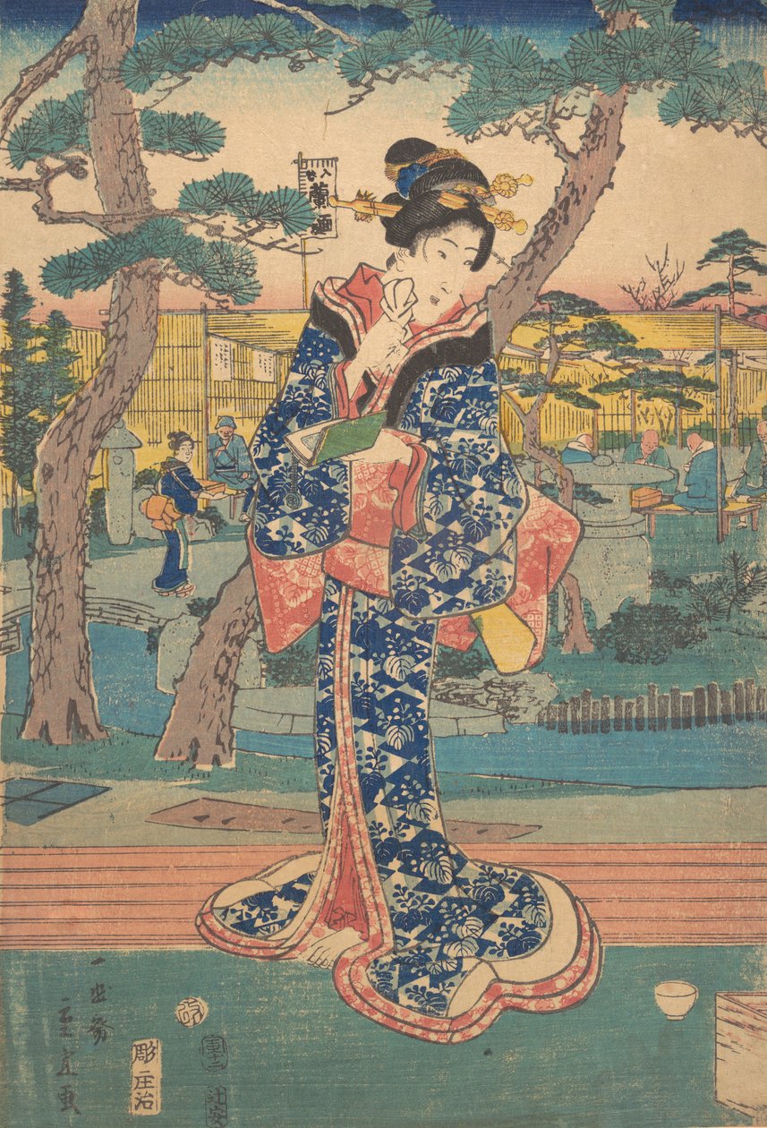 Jovem na casa de chá em Iriya, em meados do século 19. de Utagawa Hiroshige II