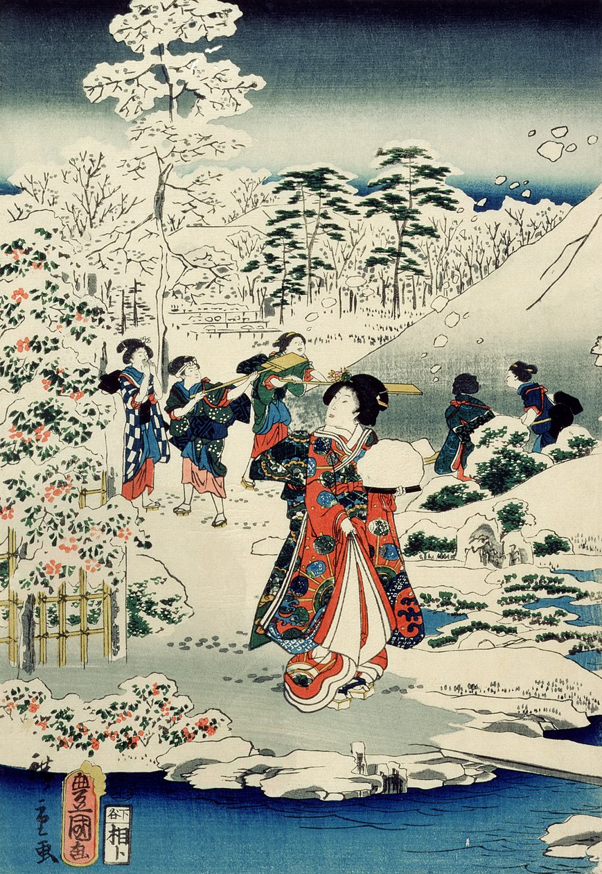 Criadas num jardim coberto de neve de Utagawa and Hiroshige II Utagawa Kunisada