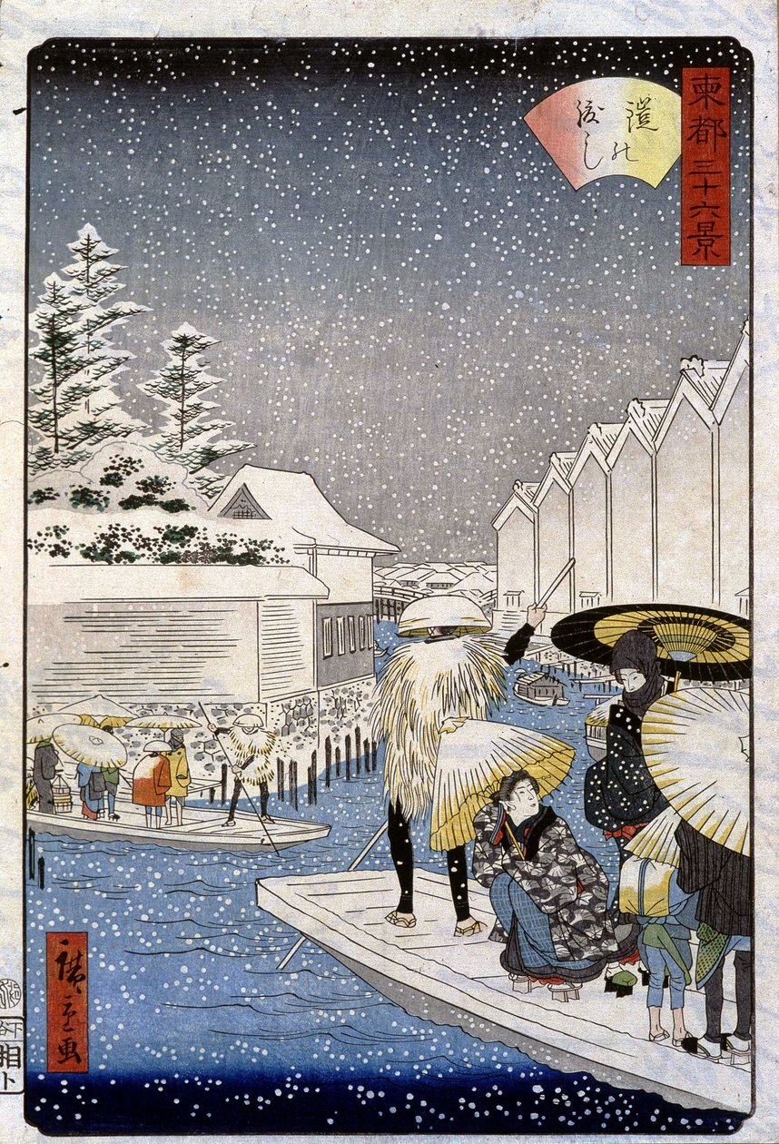 Barcos sob a neve, Japão - Hiroshige print de Utagawa II Hiroshige