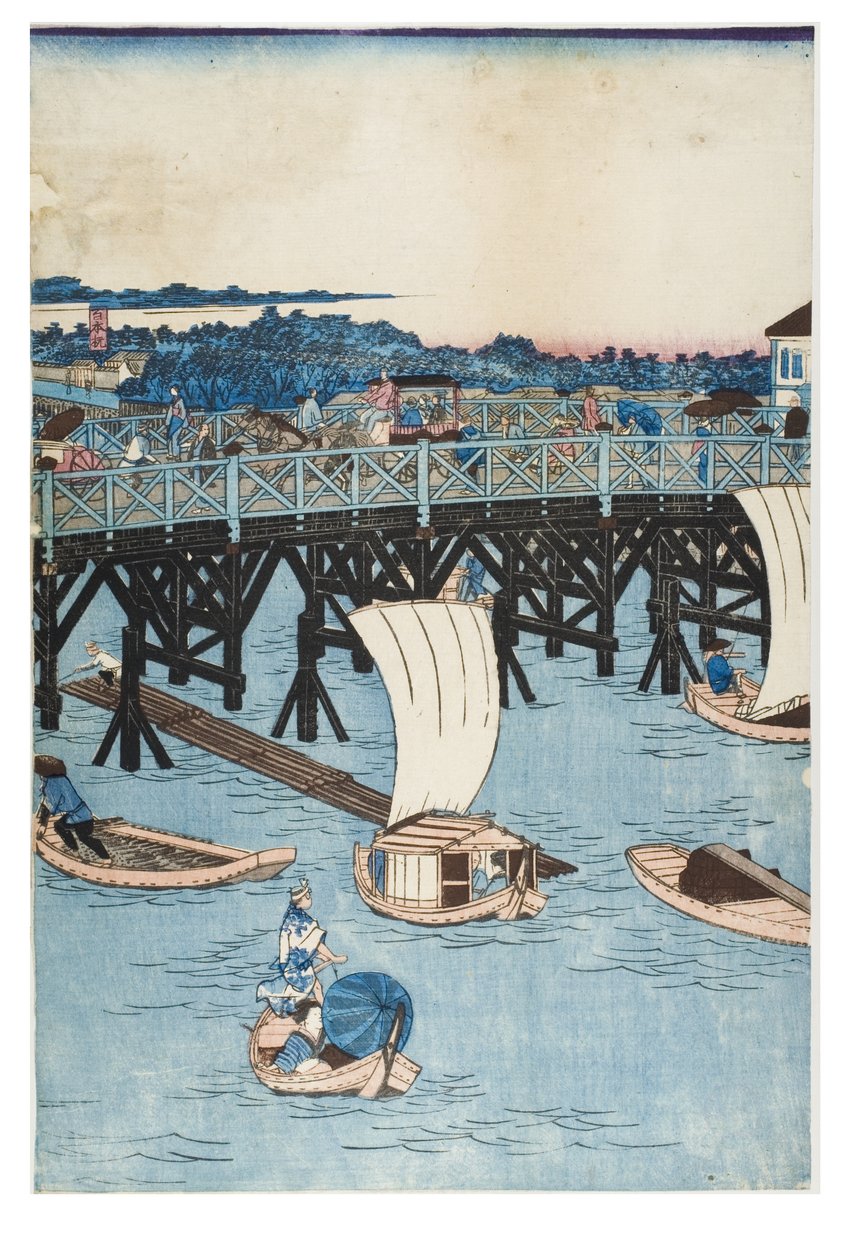 Lugares famosos em Tóquio, True View of Ryogoku Bridge de Utagawa II Hiroshige