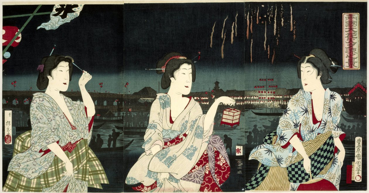 Aproveitando a brisa da noite durante os fogos de artifício em Ryogoku Ryogoku hanabi yusuzumi no kei (título do objeto) de Utagawa Kunichika