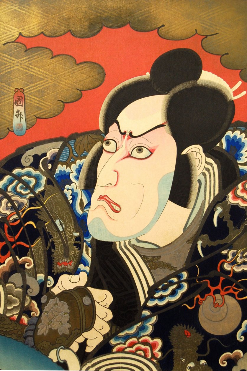 Kabuki a c e r tingimento de uva Ichikawa V como Kumagai Naozane, não é? 1849. de Utagawa Kunimasa