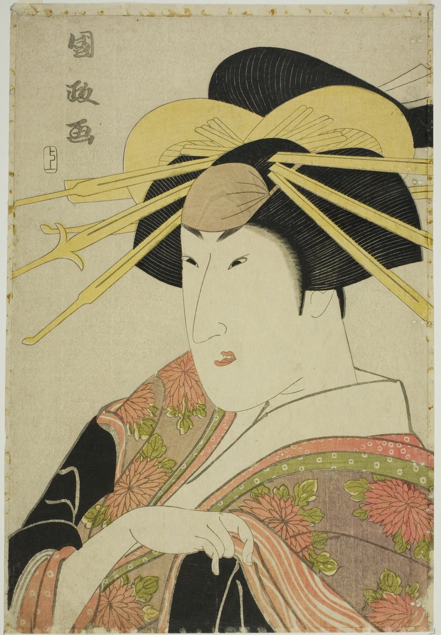 Retrato de um ator em vestido feminino de Utagawa Kunimasa