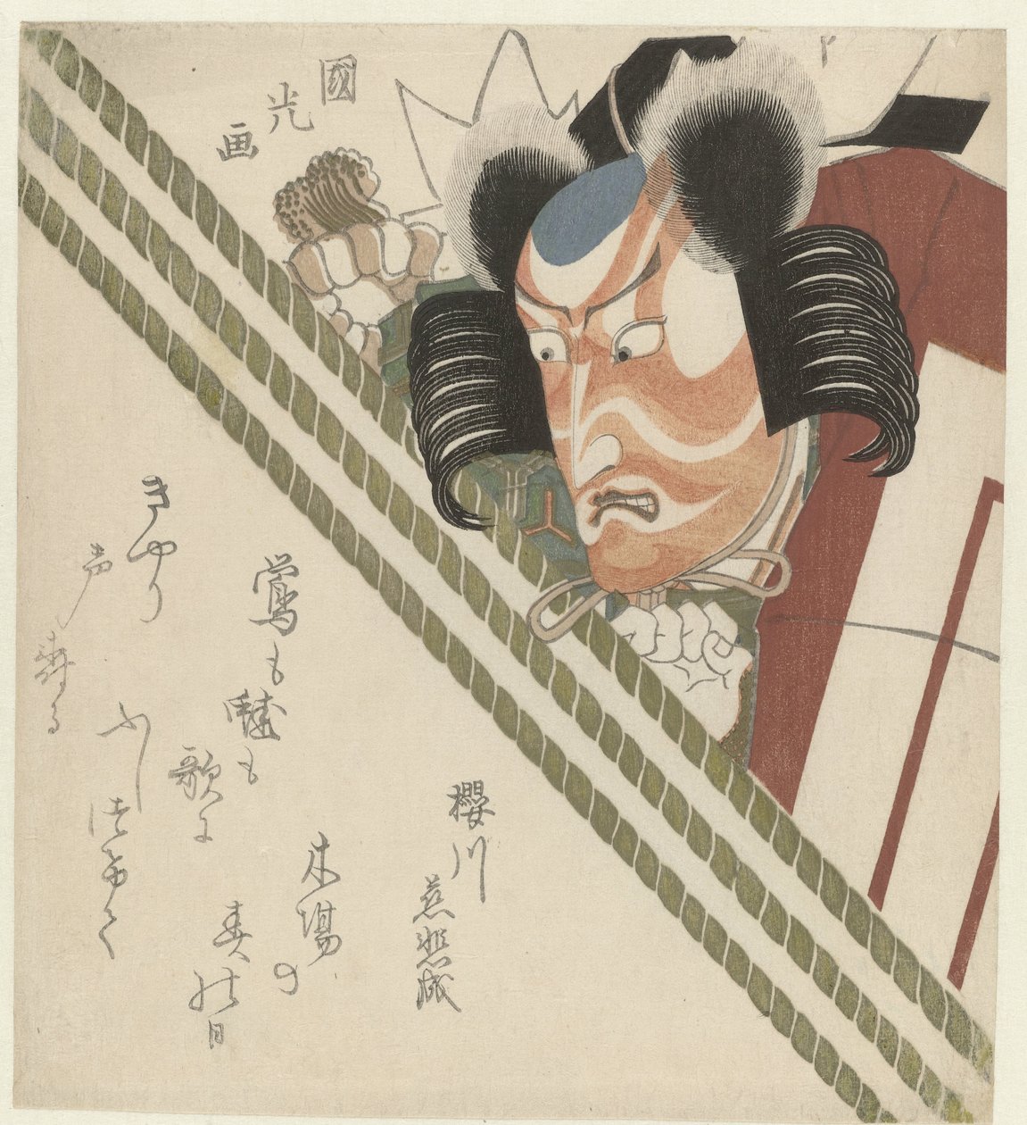 Homem olhando por cima de uma cortina de Utagawa Kunimitsu
