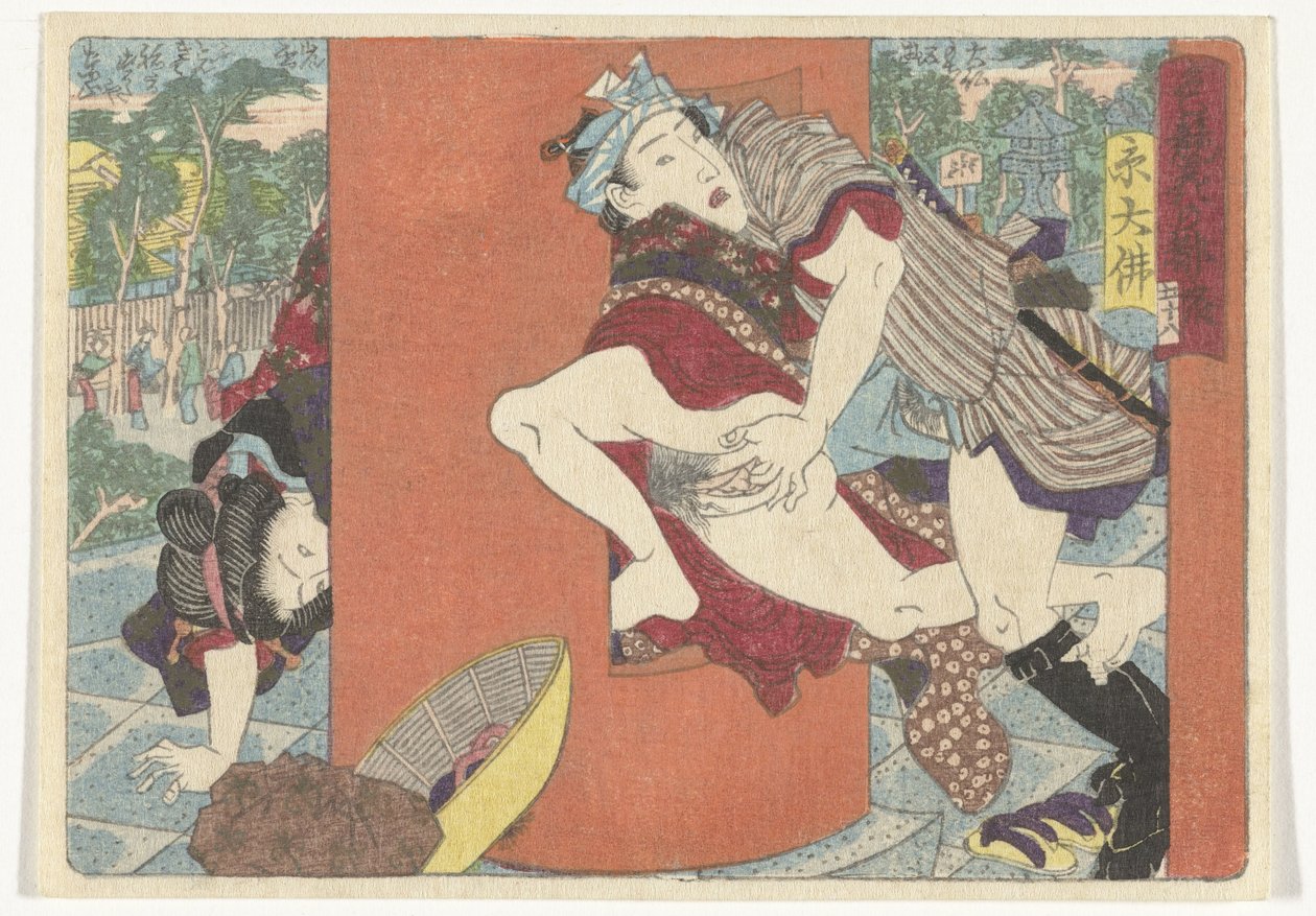 Uma reunião no templo The Erotic Road to the Capital (título da série) de Utagawa Kunisada (I) (attributed to)