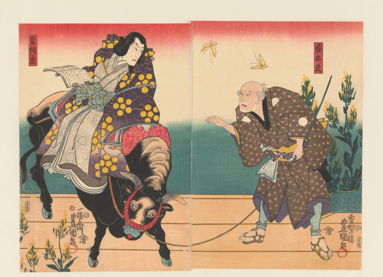 Agricultor acompanha courtier sobre boi preto de Utagawa Kunisada (I)