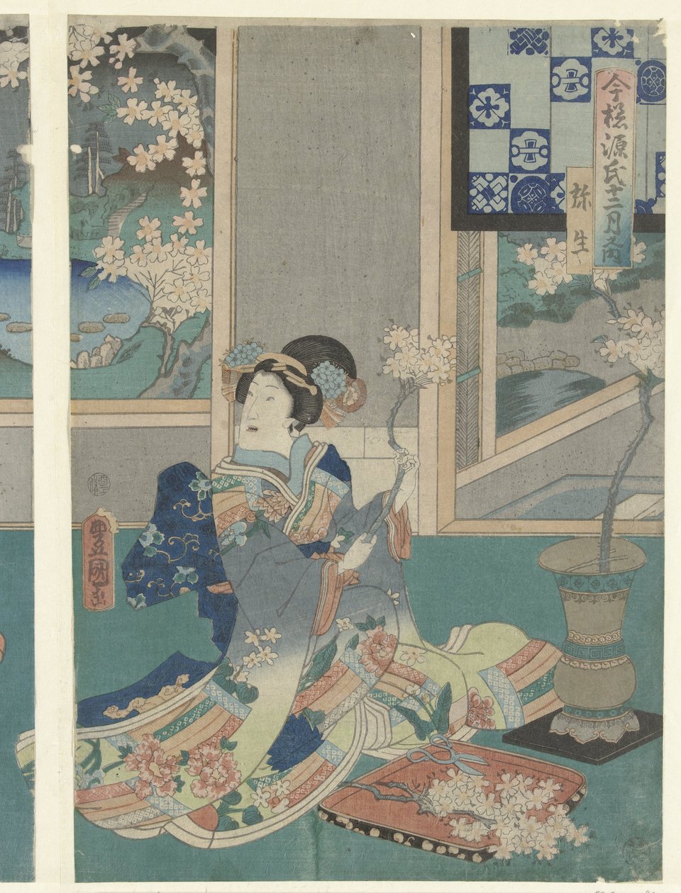 O terceiro mês Yayoi (título no objeto) Histórias modernas de Genji durante os doze meses (título da série) Imayo Genji junikagetsu no uchi (título da série no objeto) de Utagawa Kunisada (I)
