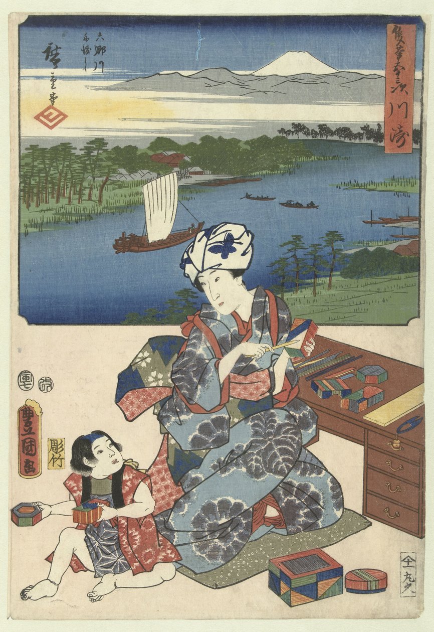 Kawasaki (título no objeto) De 53 estações porta twee penselen (título da série) Sohitsu gojusan tsugi (título da série no objeto) de Utagawa Kunisada (I)