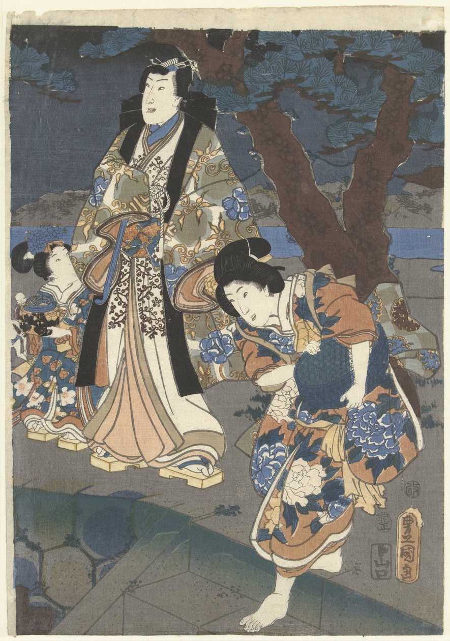 Coletando conchas na praia de Akashi. Akashi no ura shiogari no zu de Utagawa Kunisada (I)