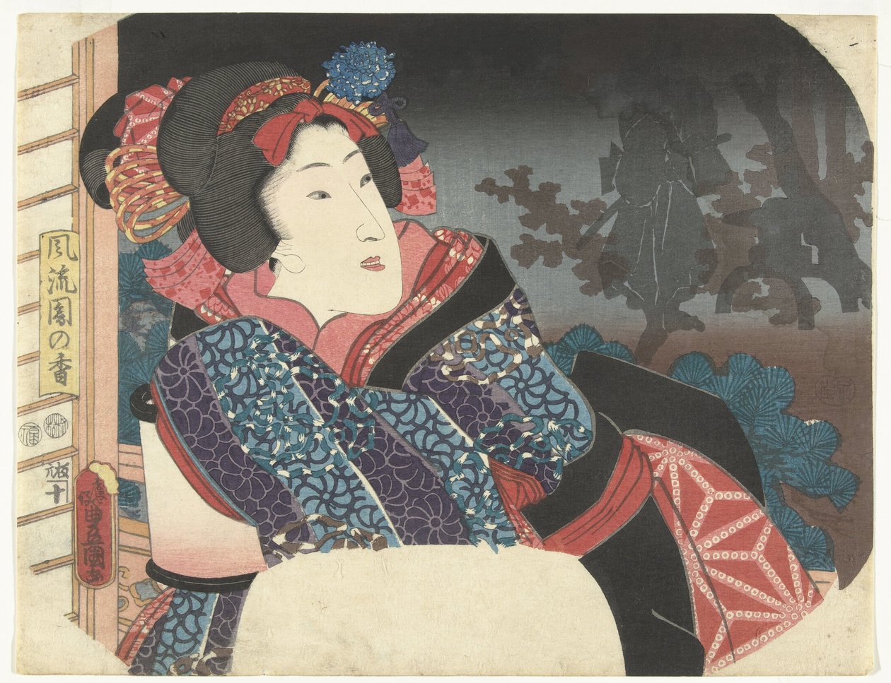 Mulher cobre lanterna com quimono Seleção de jardins elegantes (título da série) Furyu sono no ko (título da série no objeto) de Utagawa Kunisada (I)