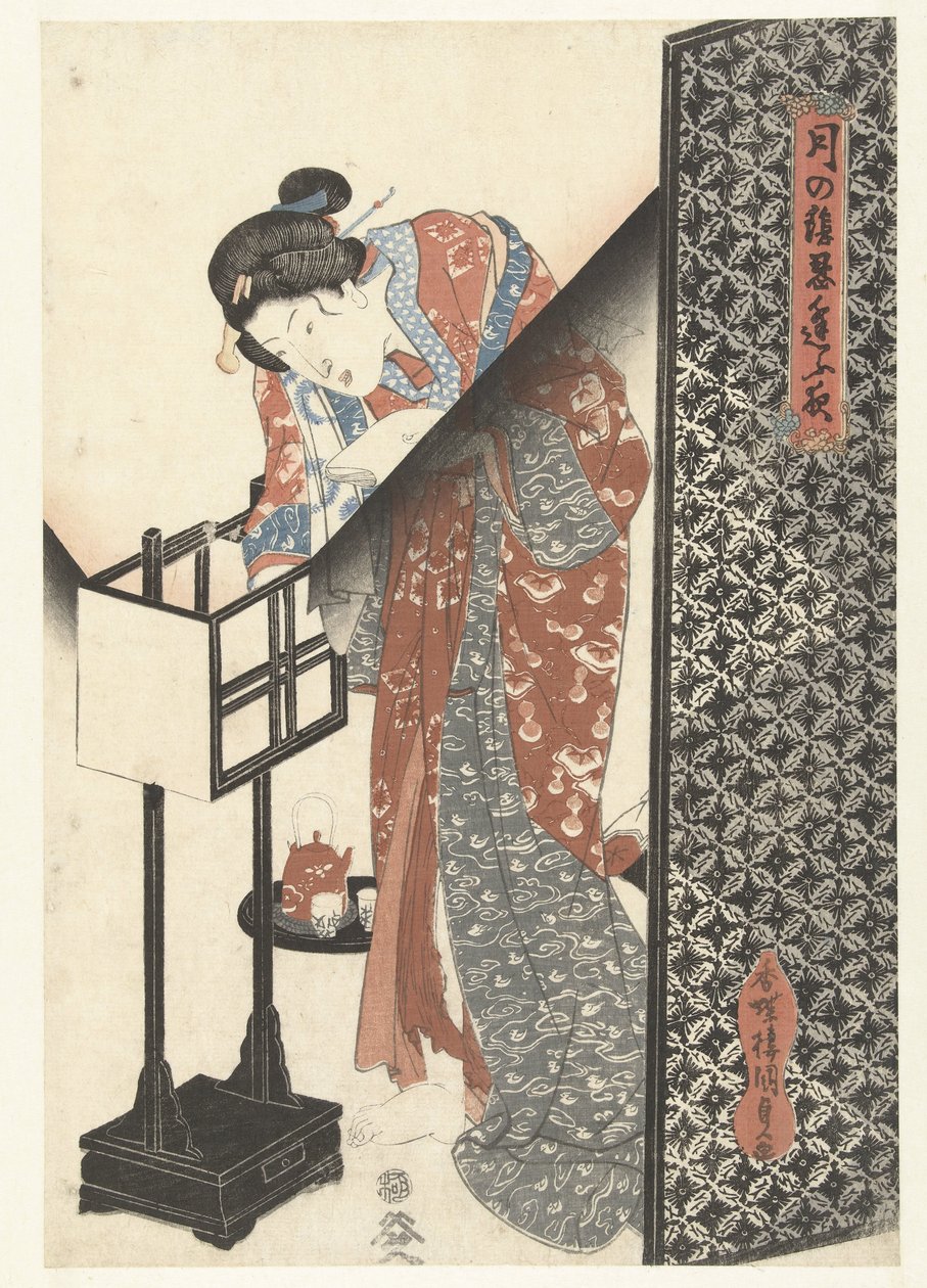 Mulher por lâmpada Secret Nighttime Dates by Moonlight (título da série) Tsuki no kage shinobiau yoru (título da série no objeto) de Utagawa Kunisada (I)