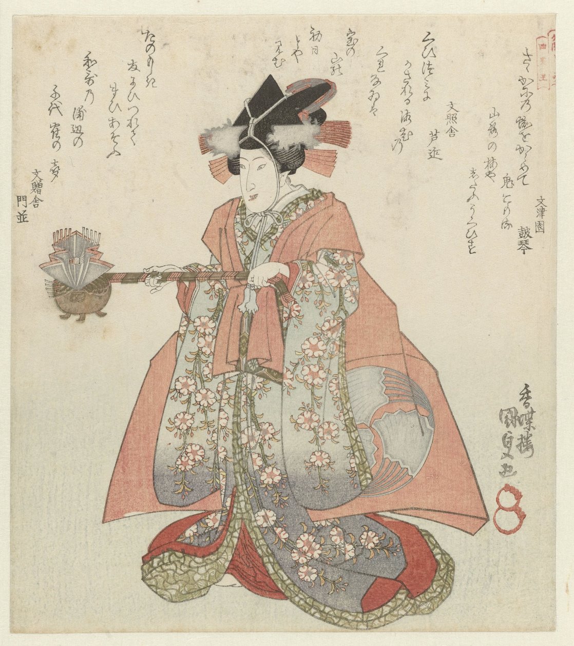 Mulher com uma chaleira de saquê Os quatro vassalos leais da Sociedade de Poesia Katsushika Katsushika Shitennô (título da série) de Utagawa Kunisada (I)