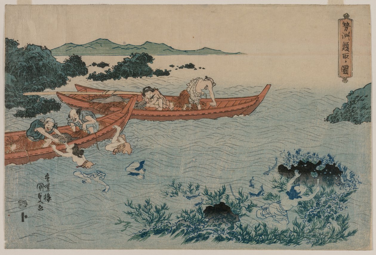 Mergulhadores de Abalone ao largo da costa de Ise, de uma série de paisagens sem título de Utagawa Kunisada
